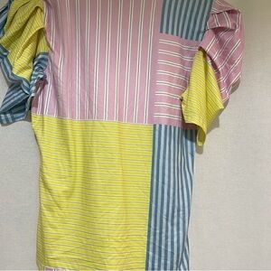 Striped Colorblock Short-Sleeve Blouse in Pink, Yellow & Blue